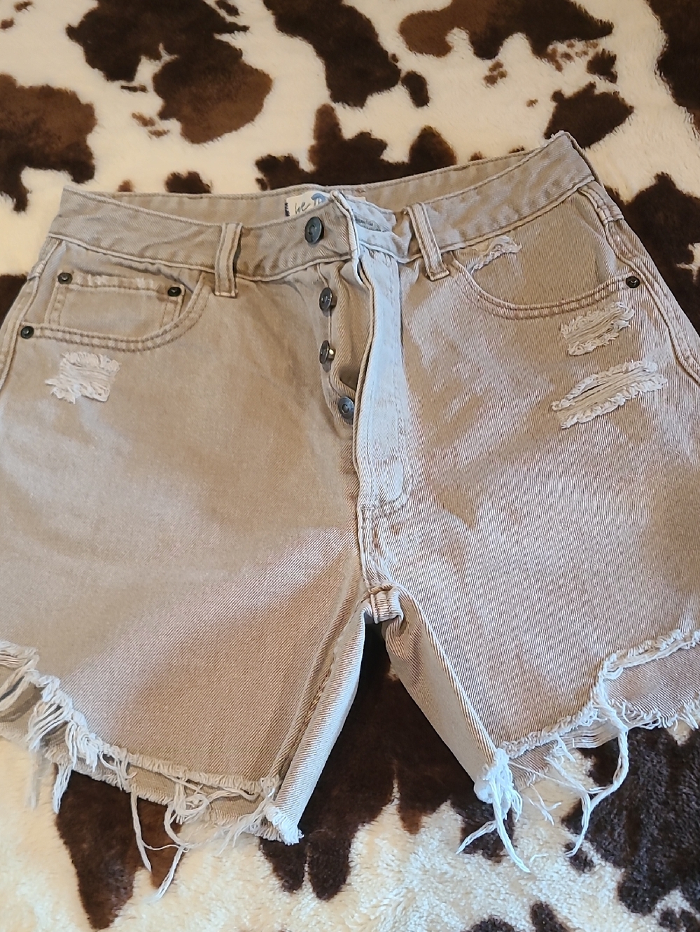 We The Free Distressed Tan Button-Fly Denim Shorts